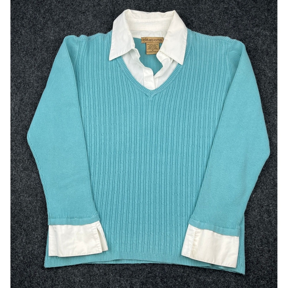 Rotations VTG Y2K Layered Look Sweater Womens M‎ Blue V Neck White Collar Japan